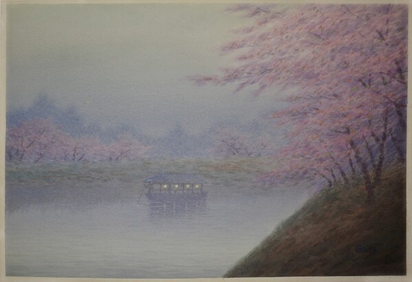 NIght Cherry Viewing from the River, Watercolor