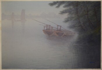 Two Covered Boats and Pine Trees, Watercolor