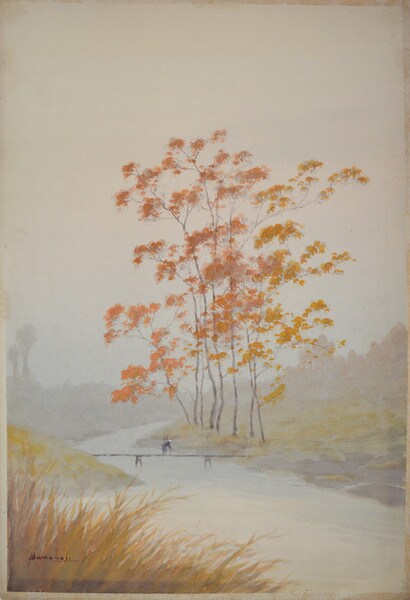 Mountain Bridge in Autumn, Watercolor