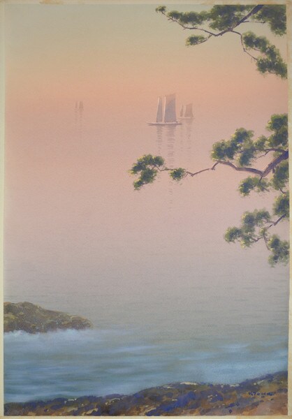 Fishing Boats through Pine Trees, Watercolor