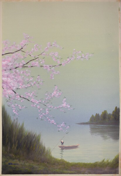Cherry Blossoms and Ferry Boat, Watercolor