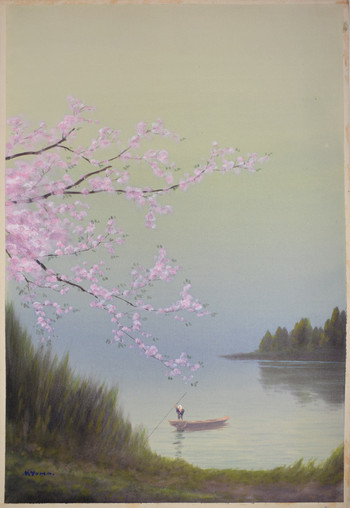 Cherry Blossoms and Ferry Boat, Watercolor