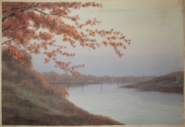 Two Women Crossing the Bridge in Autumn, Watercolor