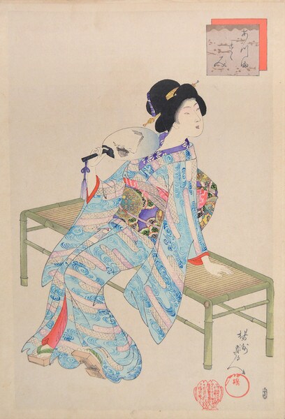 Cooling Off: Bijin with Fan by Chikanobu, Woodblock Print