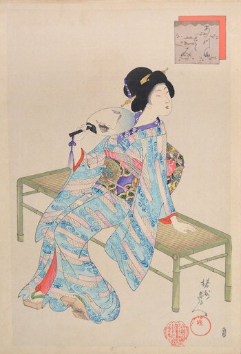Cooling Off: Bijin with Fan by Chikanobu, Woodblock Print