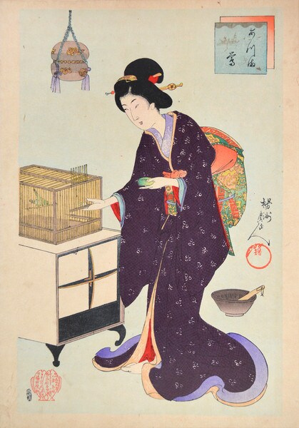 Uguisu (Japanese Bush Warbler) by Chikanobu, Woodblock Print
