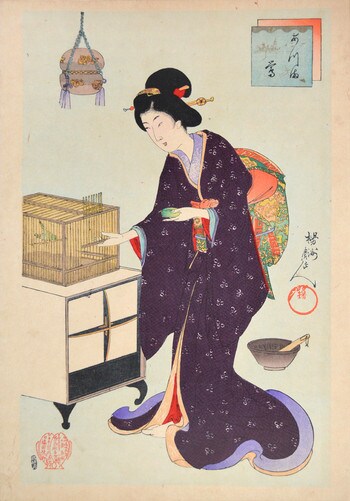 Uguisu (Japanese Bush Warbler) by Chikanobu, Woodblock Print