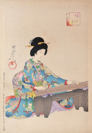 Two String Koto by Chikanobu, Woodblock Print