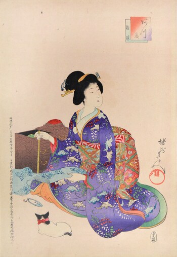 Sewing and Cat by Chikanobu, Woodblock Print