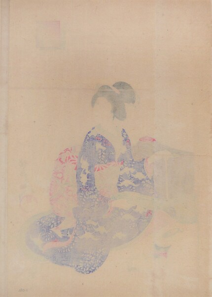 Sewing and Cat by Chikanobu, Woodblock Print