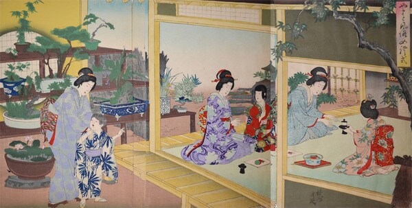 Tea Ceremony by Chikanobu, Woodblock Print