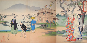 Visiting the Golden Pavilion by Chikanobu, Woodblock Print