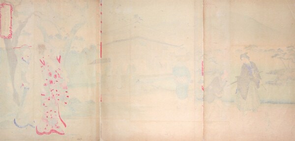 Visiting the Golden Pavilion by Chikanobu, Woodblock Print