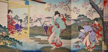Cherry Blossoms at Night in Spring by Chikanobu, Woodblock Print