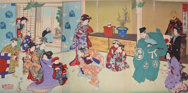 New Year's Party by Chikanobu, Woodblock Print