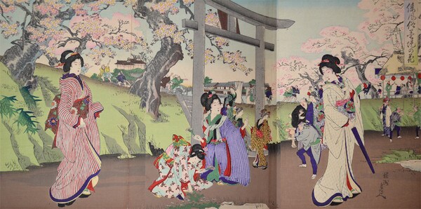 Cherry Blossoms Along the Banks of Sumida River by Chikanobu, Woodblock Print