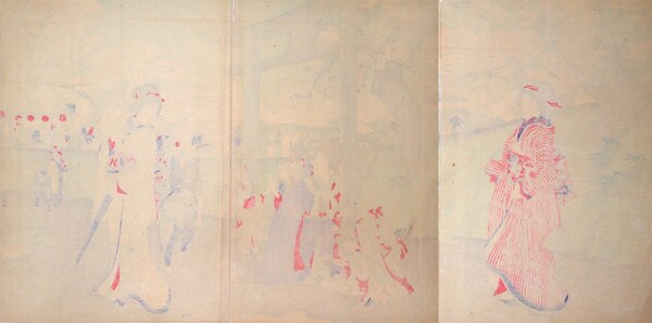 Cherry Blossoms Along the Banks of Sumida River by Chikanobu, Woodblock Print