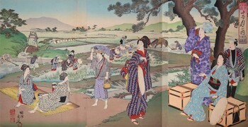 Rice Planting in May by Chikanobu, Woodblock Print