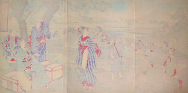 Rice Planting in May by Chikanobu, Woodblock Print