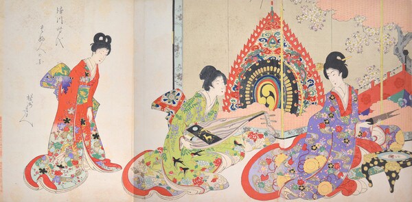 Noble Women and Music by Chikanobu, Woodblock Print