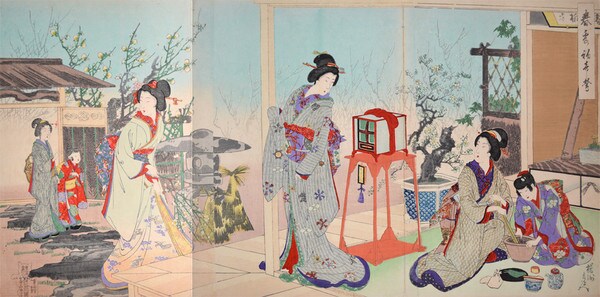 Celebration of Spring by Chikanobu, Woodblock Print
