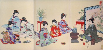Tea Ceremony and Game of Go by Chikanobu, Woodblock Print