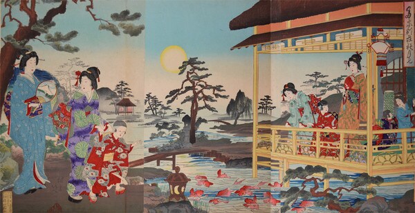 Full Moon Viewing in Autumn by Nobukazu, Woodblock Print