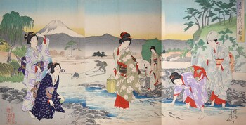 Catching Sweetfish in the Tama River by Chikanobu, Woodblock Print