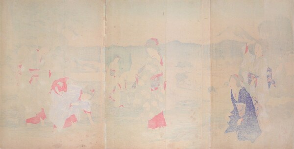 Catching Sweetfish in the Tama River by Chikanobu, Woodblock Print