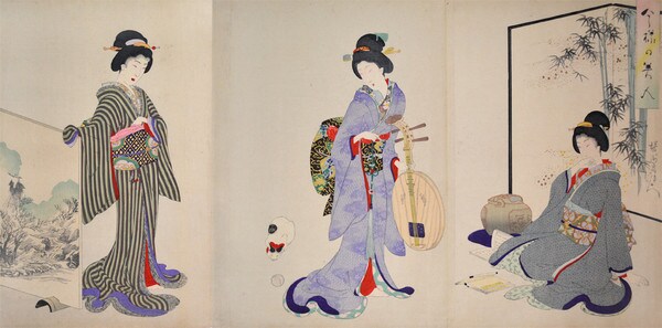 Playing with a Cat by Chikanobu, Woodblock Print