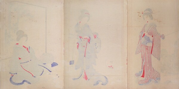 Playing with a Cat by Chikanobu, Woodblock Print