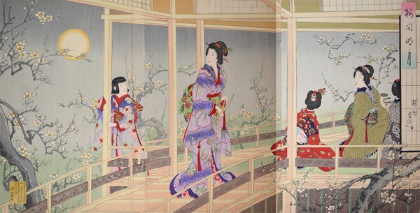 Full Moon among the Plum Blossoms by Chikanobu, Woodblock Print