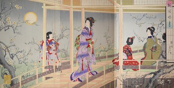 Full Moon among the Plum Blossoms by Chikanobu, Woodblock Print