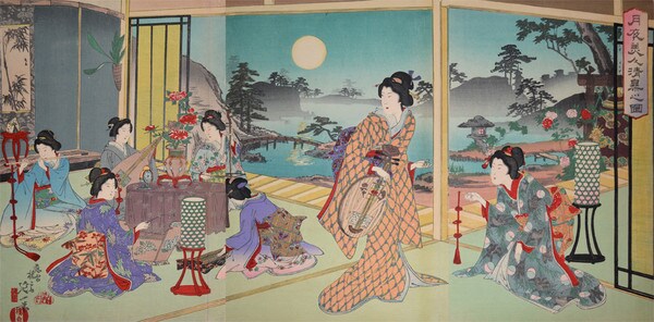 Music Party in the Moonlit Night by Nobukazu, Woodblock Print