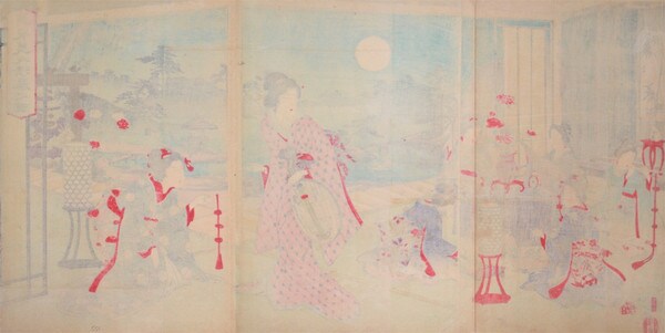 Music Party in the Moonlit Night by Nobukazu, Woodblock Print