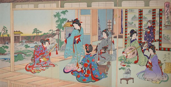 Women's Music Lesson by Nobukazu, Woodblock Print