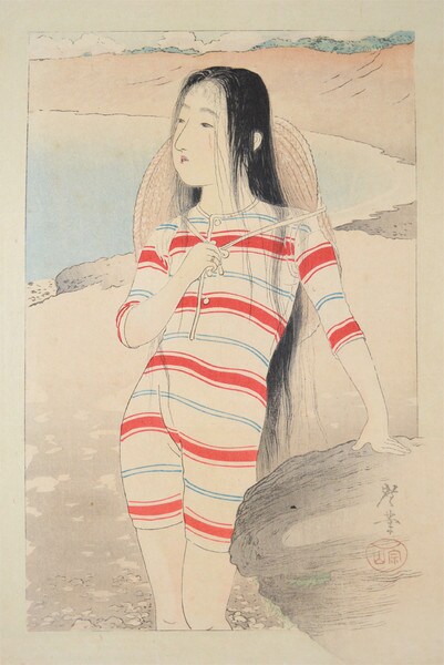 SeaBathing Beauty by Terasaki, Kogyo, Woodblock Print