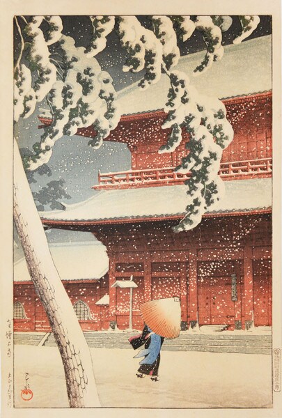 Zojo Temple in Snow at Shiba by Hasui, Woodblock Print
