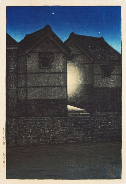 Shinkawa at Night by Hasui, Woodblock Print
