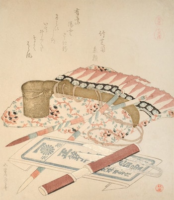 Writing Kit, Brushes, Scissors and Cloth by Hokusai, Woodblock Print
