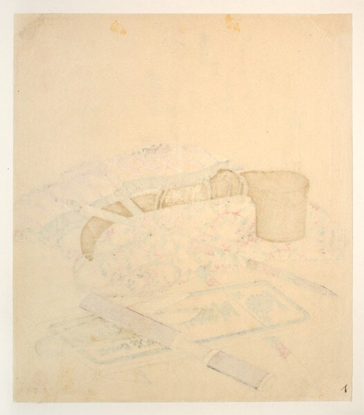 Writing Kit, Brushes, Scissors and Cloth by Hokusai, Woodblock Print