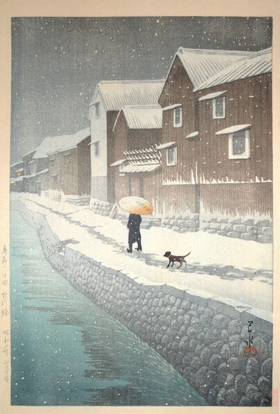 Snow at Shinkawabata in Handa by Hasui, Woodblock Print