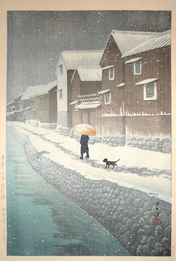 Snow at Shinkawabata in Handa by Hasui, Woodblock Print