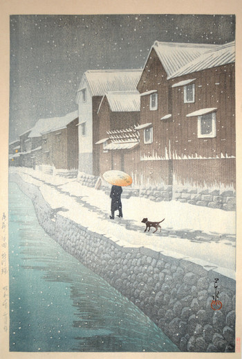 Snow at Shinkawabata in Handa by Hasui, Woodblock Print