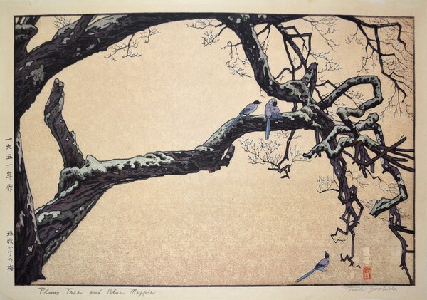 Plum Tree and Blue Magpie by Yoshida, Toshi, Woodblock Print
