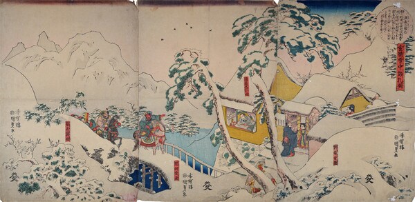 Gentoku Visiting Komei in Snow by Kunisada, Woodblock Print