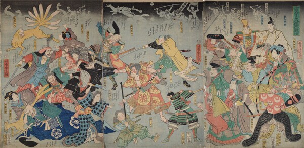 The Defeat of Evil Foxes in Old and New Stories by Yoshitora, Woodblock Print
