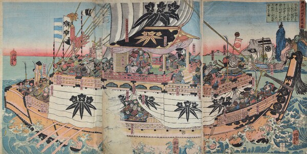 Minamoto no Yoshitsune Crossing the Sea to Ezo by Yoshitora, Woodblock Print