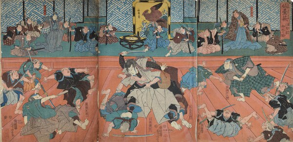 Sendaihagi: Nikki Danjo at Yamanake Mansion by Yoshitora, Woodblock Print