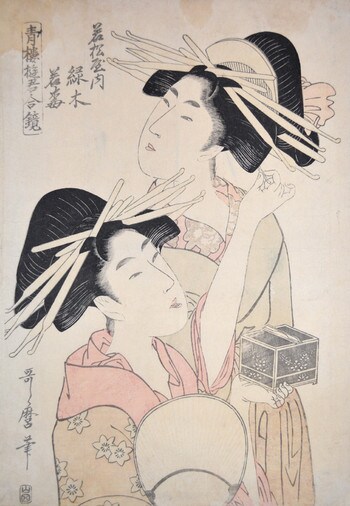 Midorigi and Wakaume by Utamaro, Woodblock Print